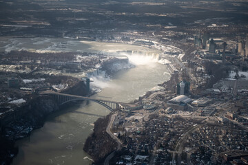 Aerial views of Niagara falls in winter