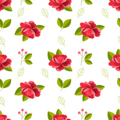 Beautiful detailed peonies seamless pattern. Hand drawn blossom flowers and leaves. Colorful vector illustration.