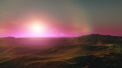 realistic surface of an alien planet, view from the surface of an exo-planet, canyons on an alien planet, stone planet, desert planet 3d render