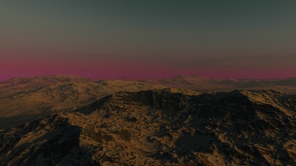Fototapeta na wymiar realistic surface of an alien planet, view from the surface of an exo-planet, canyons on an alien planet, stone planet, desert planet 3d render