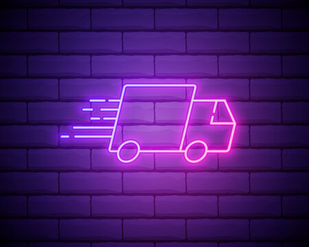 Free Delivery Neon Icon. Elements Of Cyber Monday Set. Simple Icon For Websites, Web Design, Mobile App, Info Graphics Isolated On Brick Wall