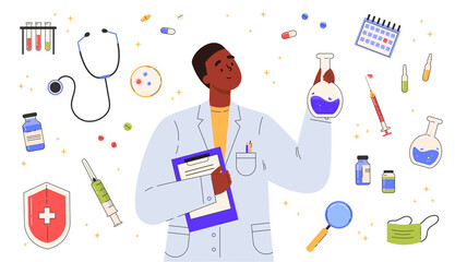 Vaccine discovery concept. Scientists doctor with flasks and folder working on antiviral treatment development in a medical gown. Set of medical objects. Vector illustration in flat cartoon style.