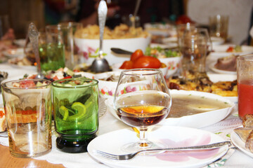 Set of different meaty and vegetable dishes. Festive dinner at home
