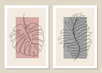 Botanical set of tropical leaf wall art vector one line. Abstract pattern of flowers and branches for collages, posters, covers, ideal for wall decoration. Vector.