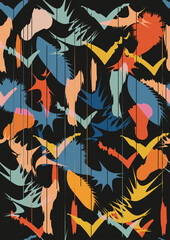 Abstract seamless pattern in A4 size. Aesthetic minimalist background for cover design, interiors, web, social networks. Fashionable bright illustration with shapes, doodles, paints, stripes.