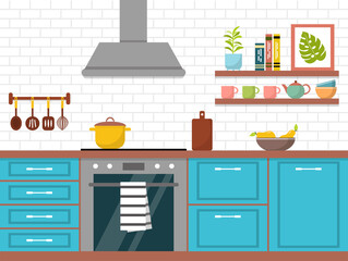 Modern kitchen interior with furniture. Cozy kitchen interior with stove, exhaust hood and utensils. Vector illustration in a flat style.