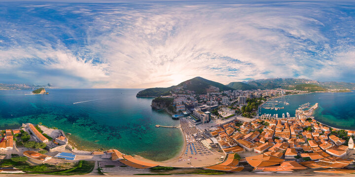 Aerial view of Budva, the old city (stari grad) of Budva, Montenegro. Equirectangular aerial panorama 360 degrees