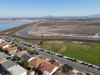 Aerial view of Otay River and San Diego Bay National Refuge from Imperial Beach, San Diego, California, USA