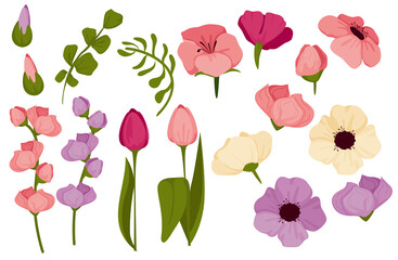 Spring set with flowers, bright colorful flowers and tulips. Suitable for templates, stickers and icons. .vector illustration.