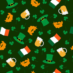 Seamless pattern with beer, leprechaun hat, beard and mustache, shamrock and irish flag