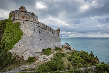 Beautiful views of Porto Venere: Doria Castle (12th century) with The church of Saint Peter and...