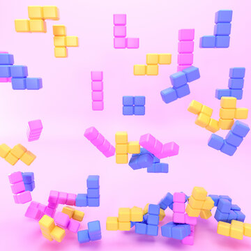 Tetris game pieces 3D render. Blocks falling with speed from the top to the ground and bouncing with realistic physics. Tetris pieces fill all the space unorganized.