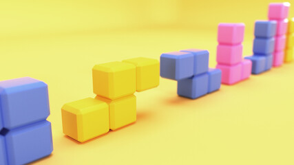 Tetris game pieces 3D render. Blocks of Tetris standing with studio light as modern sculptures of geometric art over yellow background with realistic glossy materials.