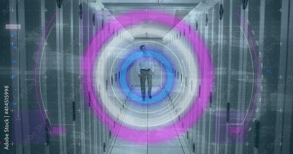 Poster animation of scope scanning over man checking computer servers in background
