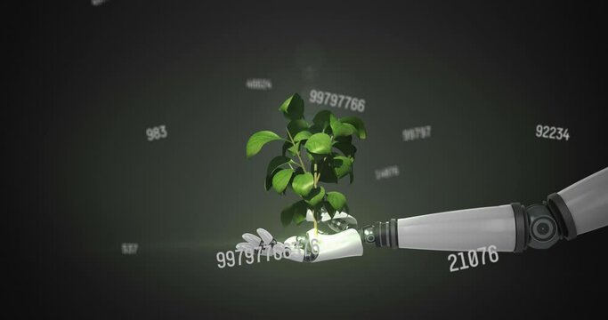 Animation of numbers changing over robot's arm with plant