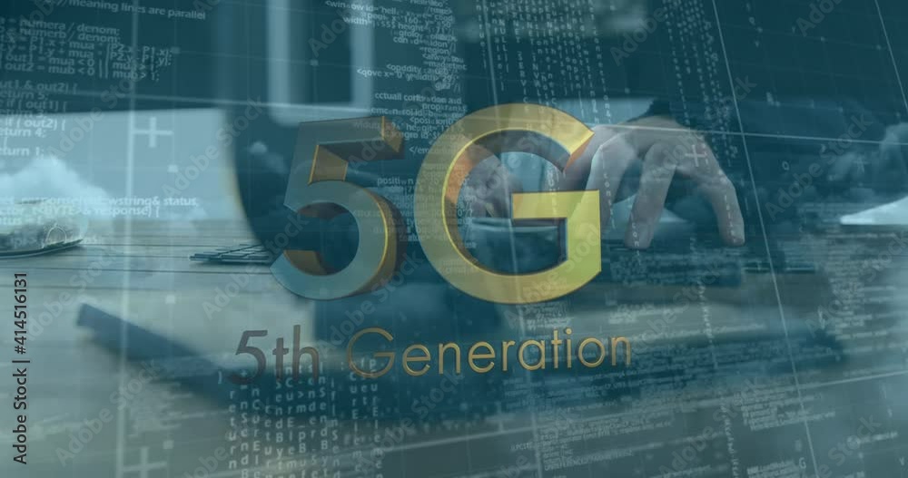 Poster animation of 5g 5th generation text over data processing and person using computer in background
