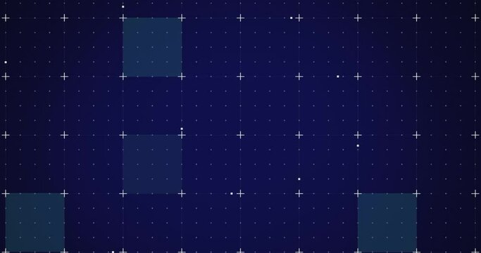 Animation of white markers and blue flickering squares on grid background