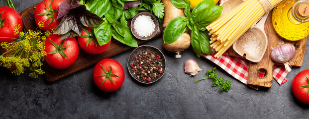 Italian cuisine ingredients. Tomatoes, pasta, herbs and spices