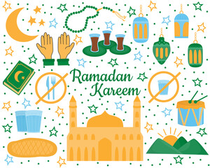 Fototapeta na wymiar Set of holy Ramadan Kareem elements. Muslim festival Ramazan. Eid mubarak, Islamic celebration icons. Isolated on a white background. Flat illustration.