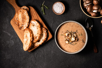 Mushroom cream soup served with toasted bread