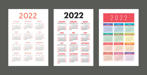 Pocket calendar 2022 year. Portrait orientation. English colorful vector set. Vertical template. Design collection. Week starts on Sunday