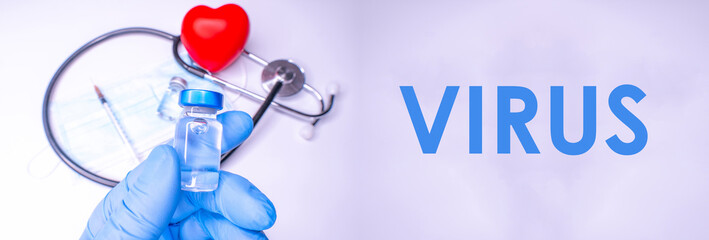 Medicine bottle for injection in hand, palm of a doctor. Medical glass vial for vaccination. Science equipment, liquid drug or vaccine from treatment, flu in laboratory, hospital or pharmacy.