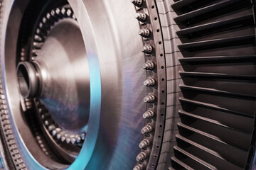 A rotor disc with blades of a turbojet gas turbine engine, inside view.