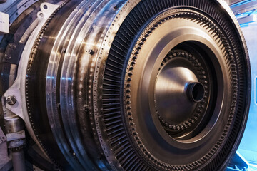 A rotor disc with blades of a turbojet gas turbine engine, inside view.