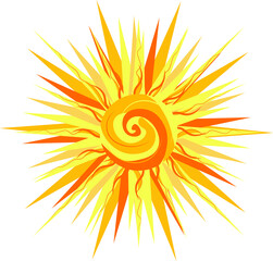 Sun icon for weather design. The sunshine symbol is a happy orange isolated solar pattern.
