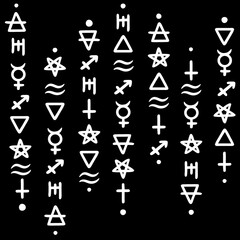 columns of magic white alchemical symbols on a black background