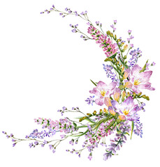 Obraz na płótnie Canvas Flower frame wreath of lavender freesia, and baby's breath watercolour illustration isolate 6
