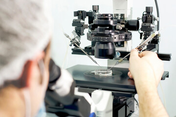 An assistant conducts medical research using the microscope in a laboratory of a Clinic of Reproductive medicine