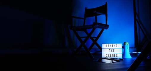 Behind the scenes letterboard text on Lightbox or Cinema Light box. Movie clapperboard megaphone...