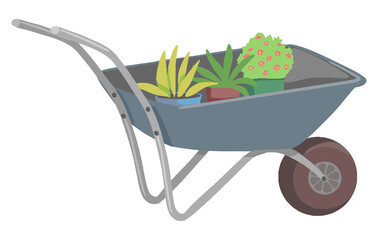 Wheelbarrow with potted plants, gardening tool. Hand drawn vector illustration. Colorful cartoon clipart isolated on white background. Single doodle element for design, print, decor, card, sticker etc