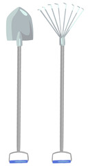 Shovel and rake, gardening and farming tools. Hand drawn vector stock illustration. Colorful cartoon clipart isolated on white background. Single doodle element for design, print, decor, card, sticker