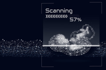 Scanning fetus healthcare check up. Pregnant hologram image with scan lineon dark blue background. Gynecology and motherhood concept.