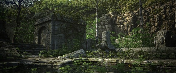 De ruïnes van een oude verlaten tempel begroeid met groene vegetatie. Stenen heilige tempel. Prachtig authentiek landschap. Fotorealistische 3D illustratie.