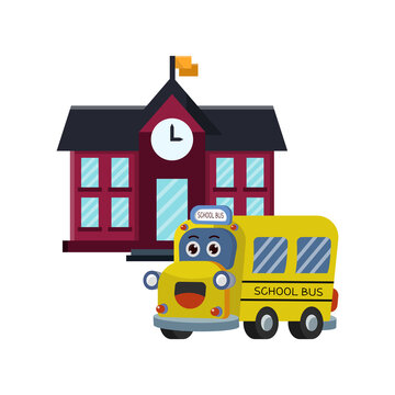 School Building and School Bus Icon, and illustration Vector