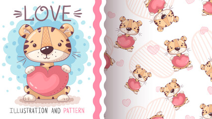 Tiger with heart - seamless pattern