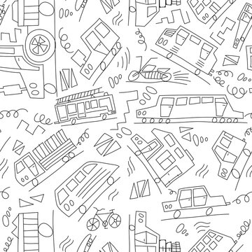 Vector black and white doodle monoline cars. Seamless baby boy pattern monoline. Texture for wallpaper, fills, web page background