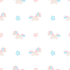 Cute cartoon unicorn seamless baby vector pattern background illustration with pastel flowers. Children texture for kids wallpaper, fills, web page background