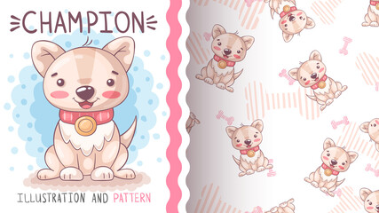 Cute dog champion - seamless pattern