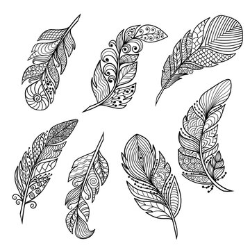 Set of beautiful abstract zenart style feathers, coloring page