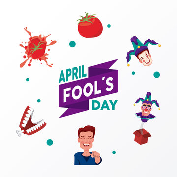 april fools day lettering with six icons around