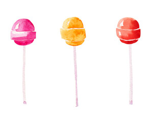 Watercolor illustration set of delicious multicolored lollipops