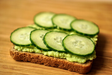 homemade avocado sandwich with tomato or cucumber. Vegetarian breakfast. A healthy snack. High quality photo