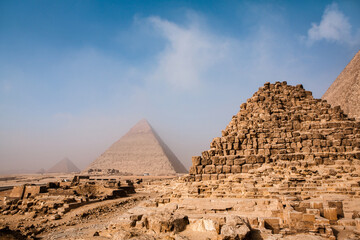 Famous Egyptian Pyramids of Giza.  Landscape in Egypt. Pyramid in desert. Africa. Wonder of the World