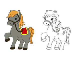 Naklejka premium coloring book for kids, little funny horse with red saddle and yellow mane, vector illustration, cartoon, line art