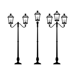 Street lamp post. The set is available in three versions. Black and white vector illustration.