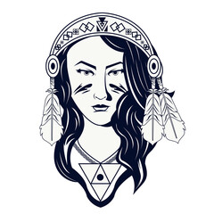 native american woman with feathers head bandana tribal style